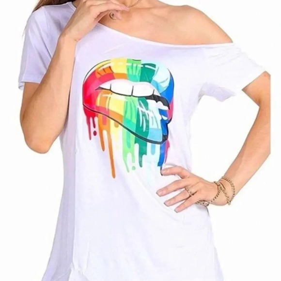 NWOT WHITE WITH RAINBOW LIPS ONESIDE CINCHED OFF ONE SHOULDERTOP SIZE 2X - Picture 1 of 15